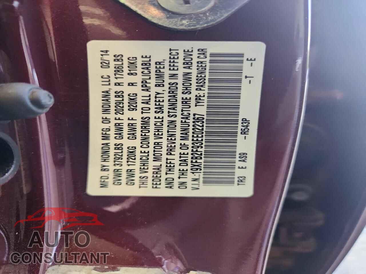 HONDA CIVIC 2014 - 19XFB2F93EE022367