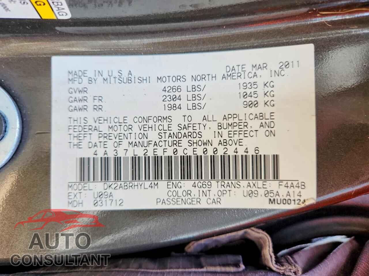 MITSUBISHI ECLIPSE 2012 - 4A37L2EF0CE002446