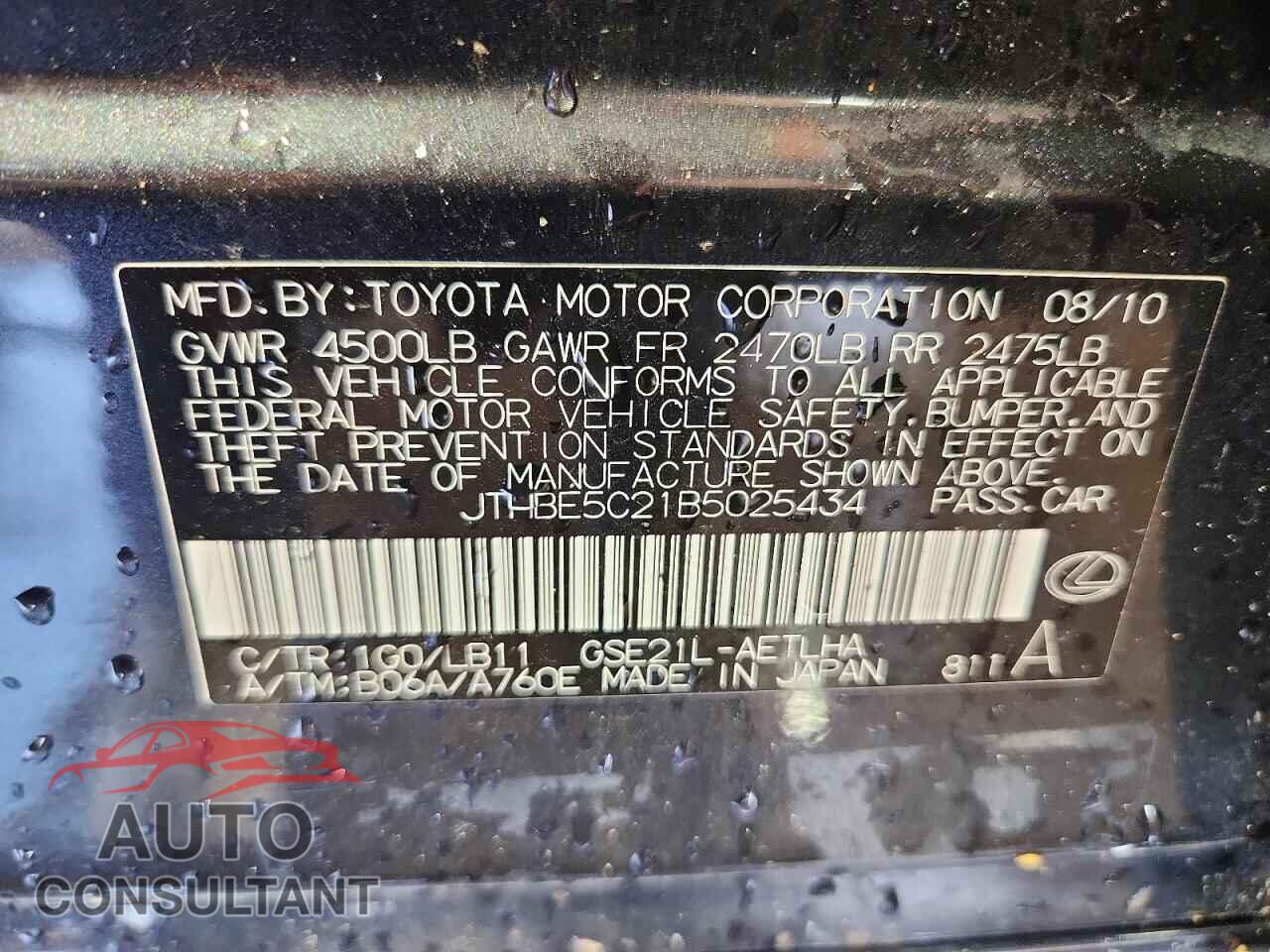 LEXUS IS 2011 - JTHBE5C21B5025434