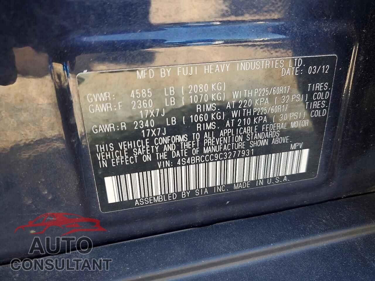 SUBARU OUTBACK 2012 - 4S4BRCCC9C3277931