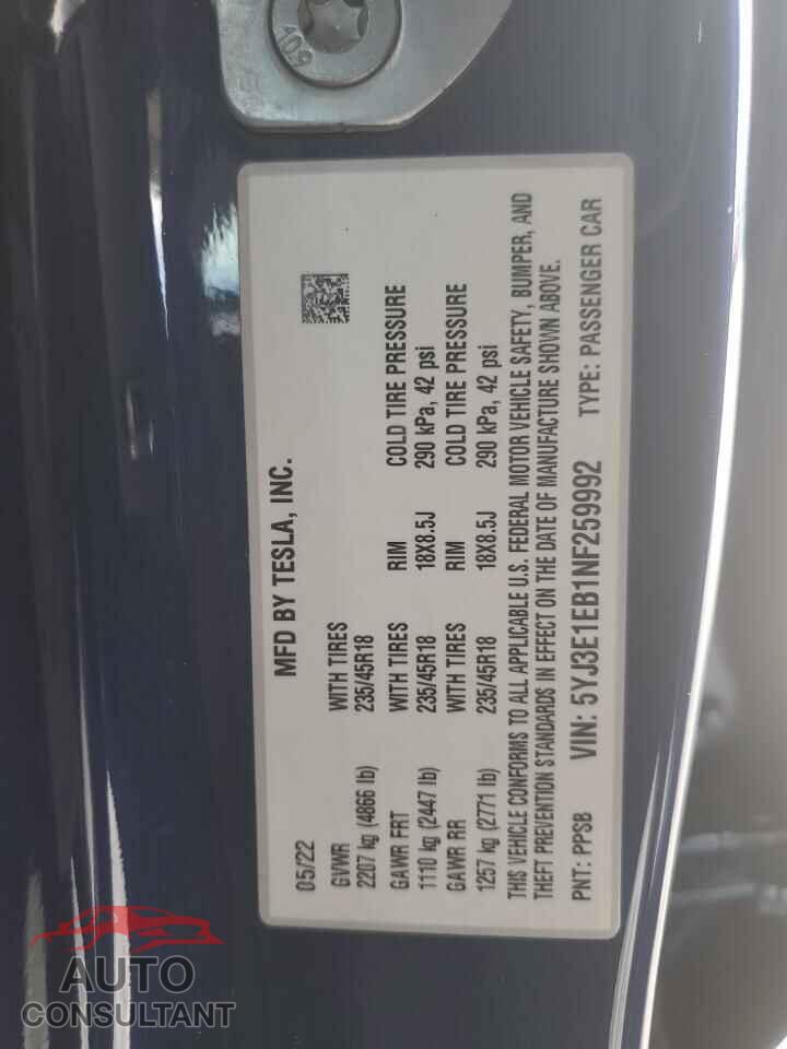 TESLA MODEL 3 2022 - 5YJ3E1EB1NF259992
