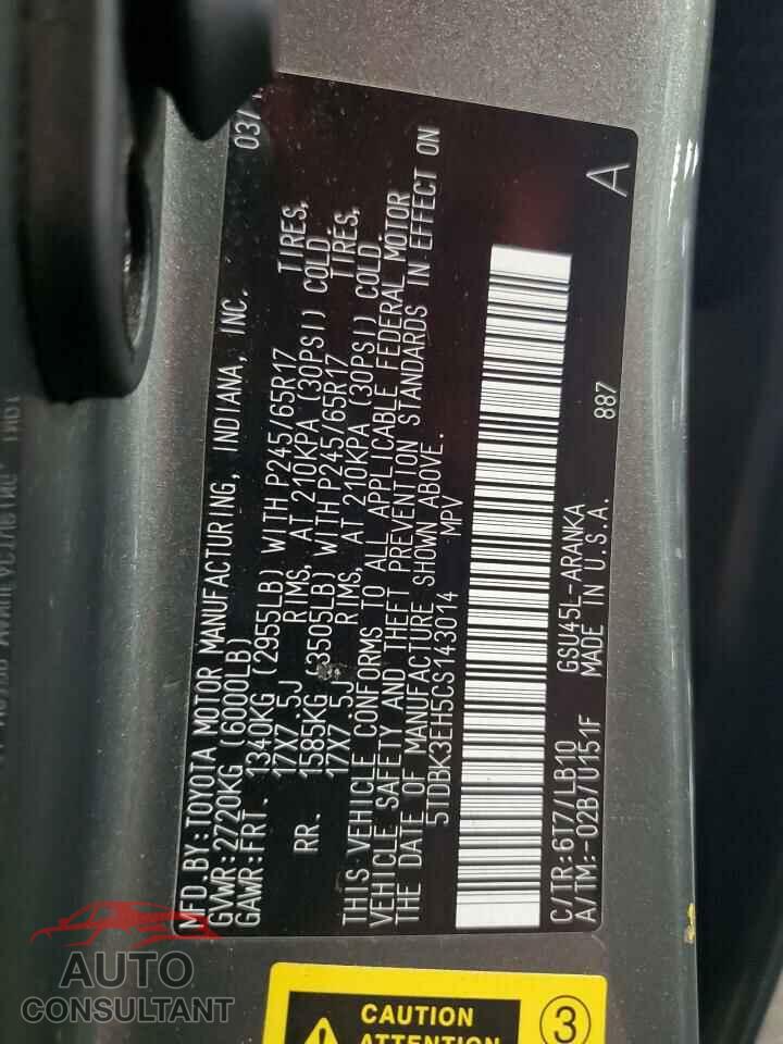 TOYOTA HIGHLANDER 2012 - 5TDBK3EH5CS143014