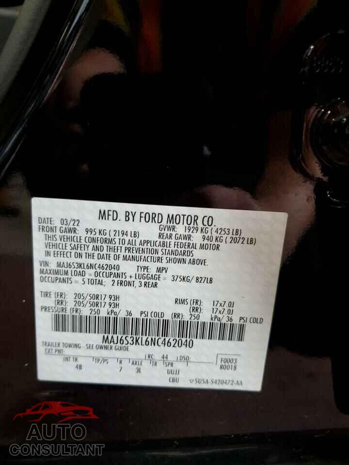 FORD ECOSPORT 2022 - MAJ6S3KL6NC462040