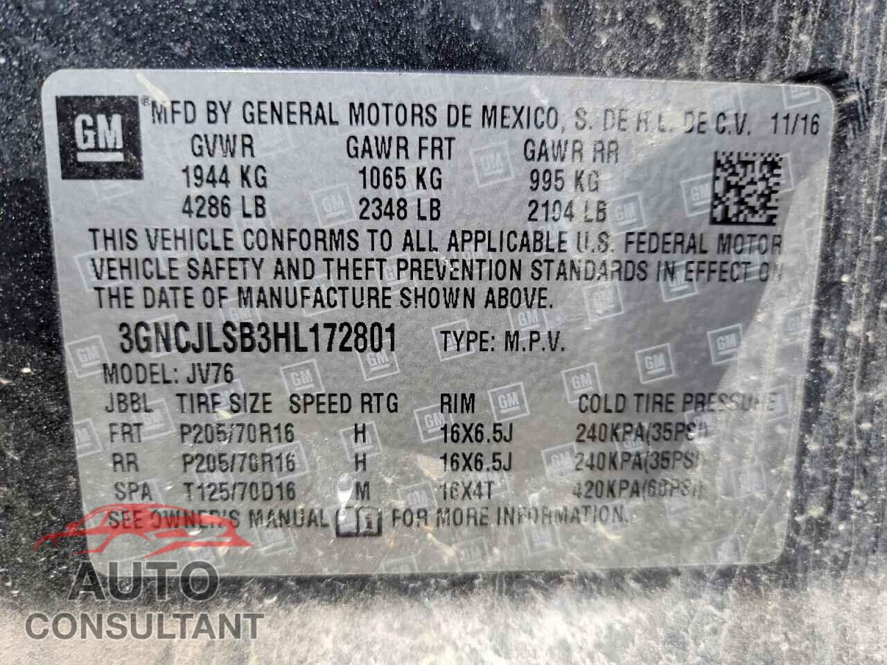 CHEVROLET TRAX 2017 - 3GNCJLSB3HL172801