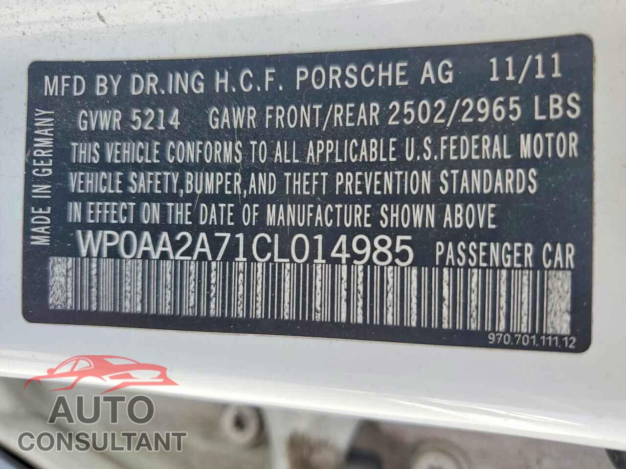 PORSCHE PANAMERA 2012 - WP0AA2A71CL014985