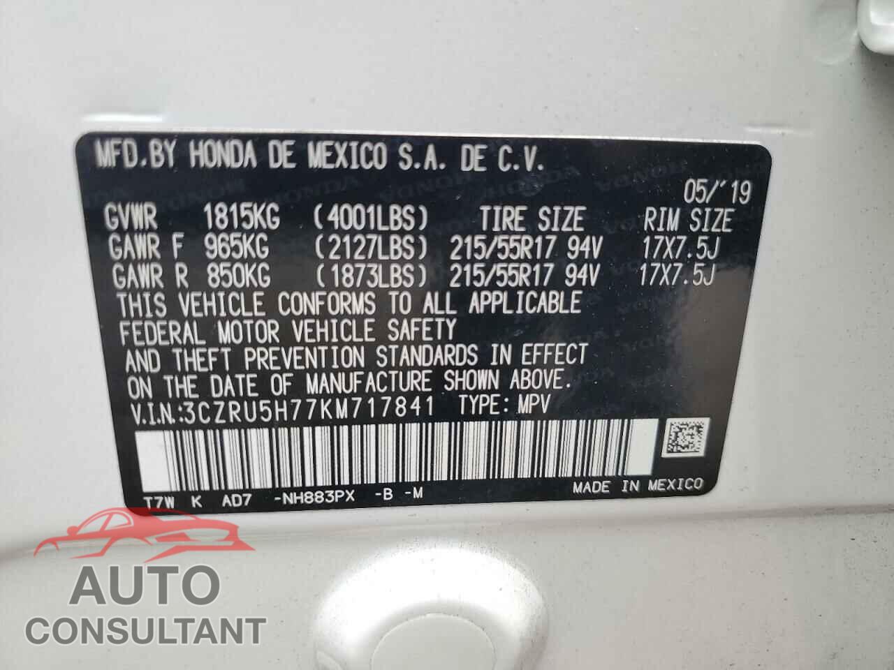 HONDA HR-V 2019 - 3CZRU5H77KM717841