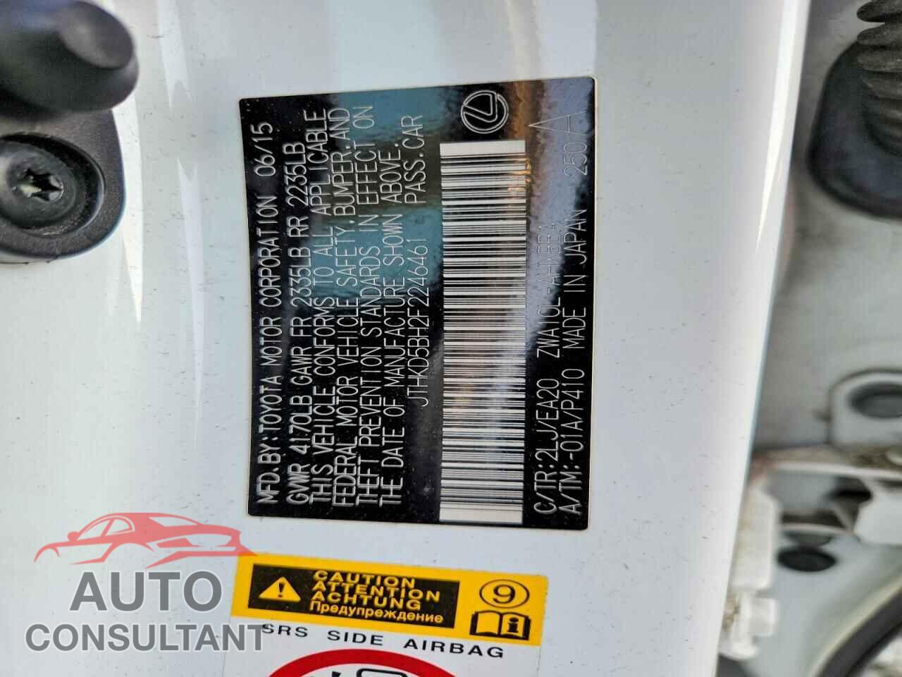 LEXUS CT 200 2015 - JTHKD5BH2F2246461