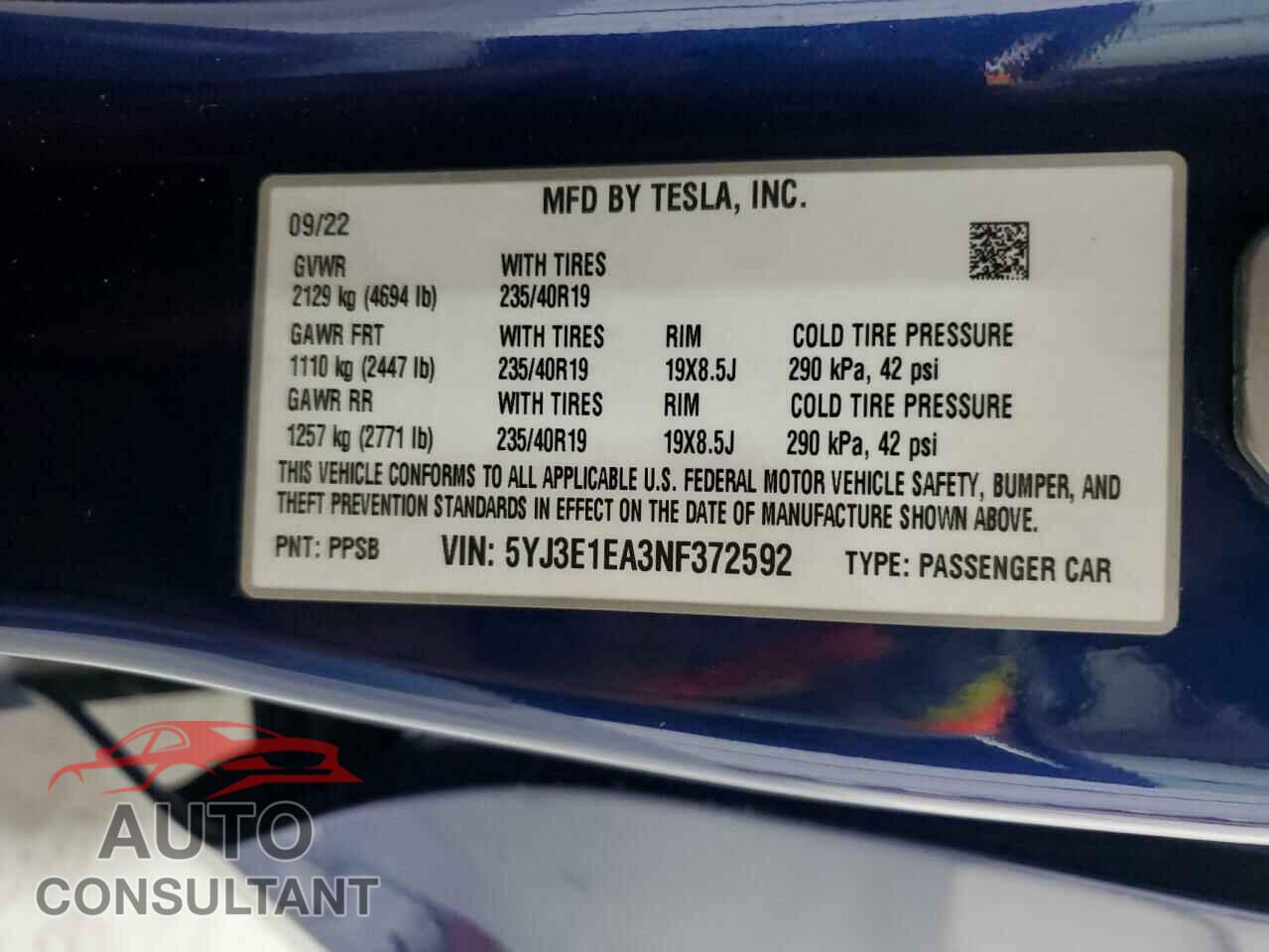 TESLA MODEL 3 2022 - 5YJ3E1EA3NF372592