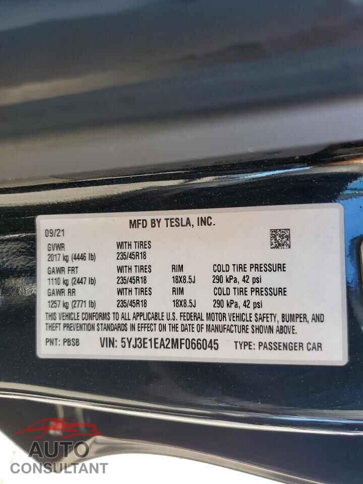 TESLA MODEL 3 2021 - 5YJ3E1EA2MF066045