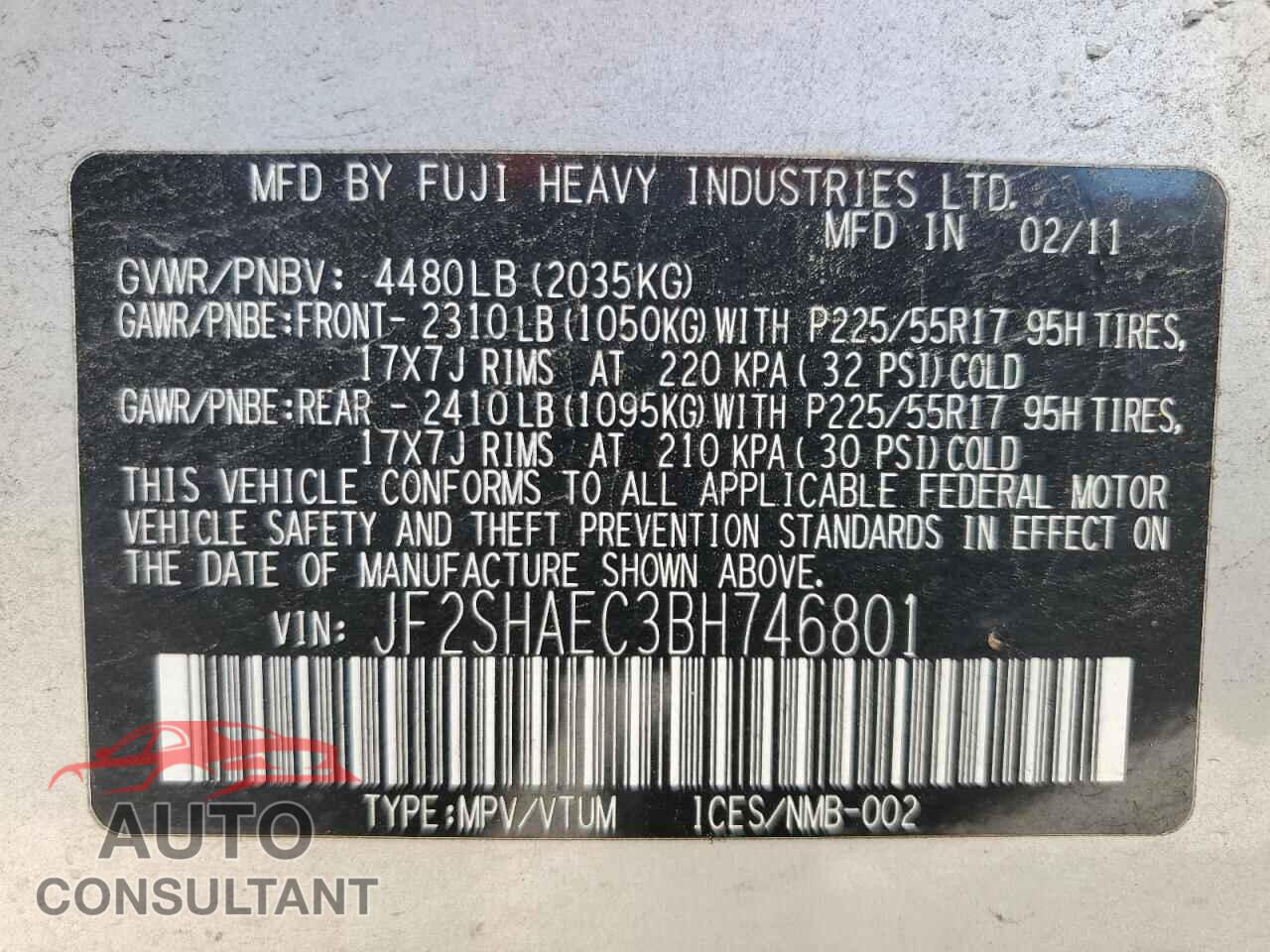 SUBARU FORESTER 2011 - JF2SHAEC3BH746801