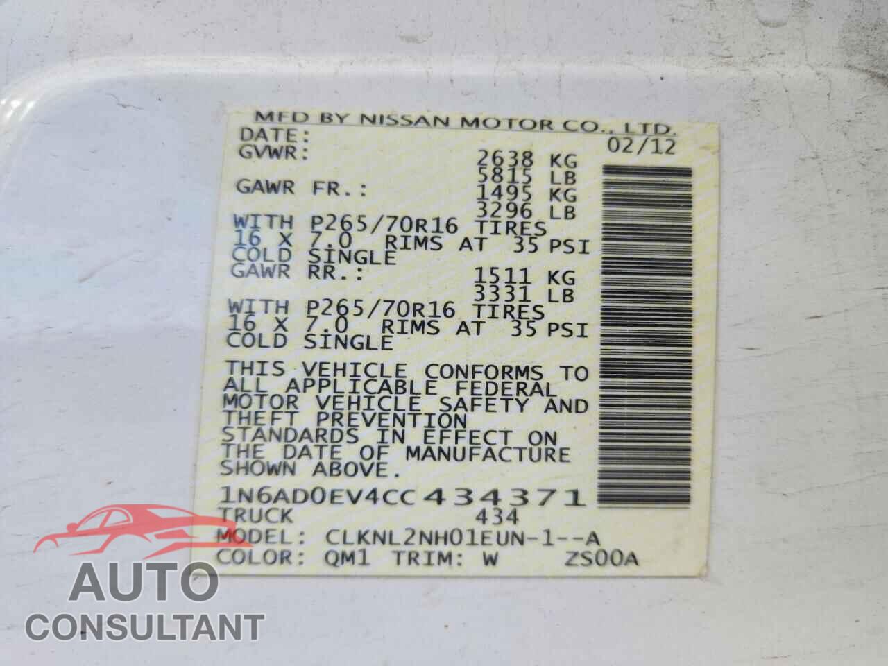 NISSAN FRONTIER 2012 - 1N6AD0EV4CC434371