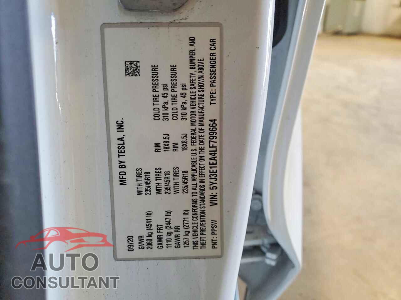 TESLA MODEL 3 2020 - 5YJ3E1EA4LF799664