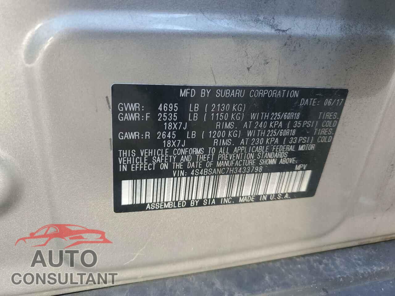 SUBARU OUTBACK 2017 - 4S4BSANC7H3433798
