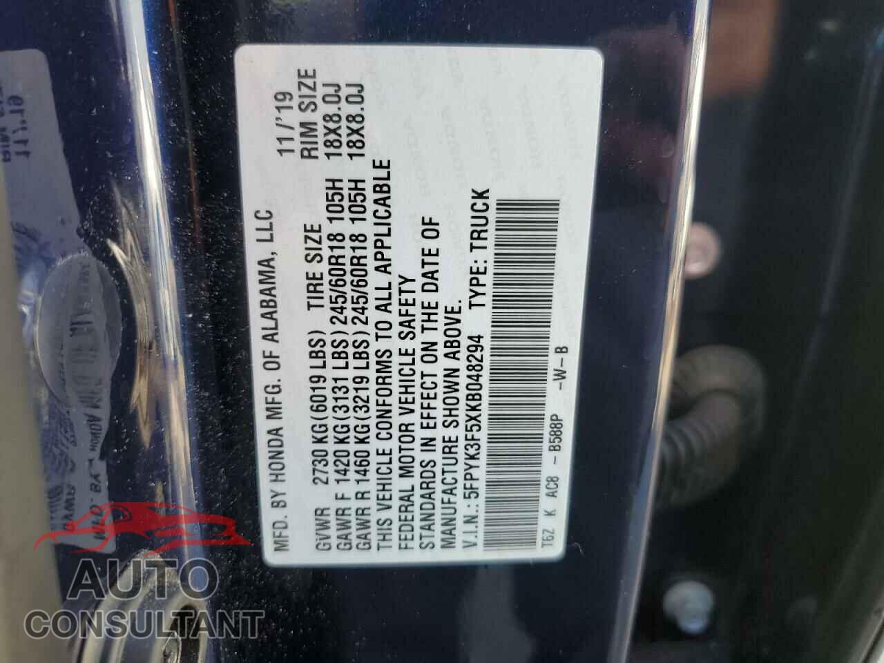 HONDA RIDGELINE 2019 - 5FPYK3F5XKB048294