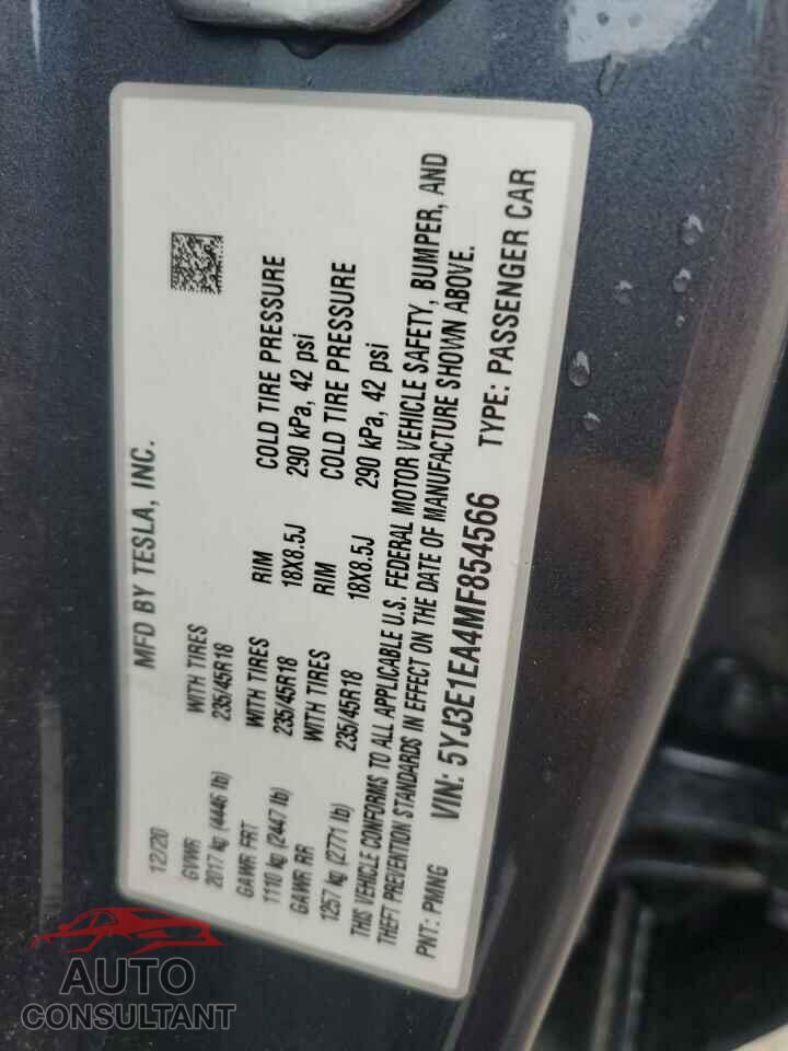 TESLA MODEL 3 2021 - 5YJ3E1EA4MF854566