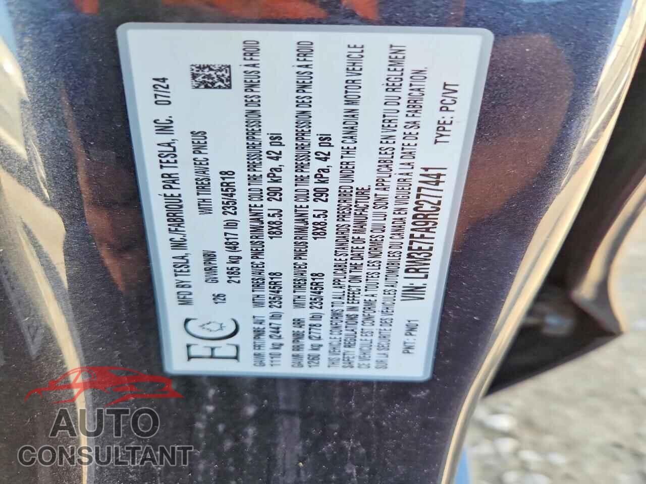 TESLA MODEL 3 2024 - LRW3E7FA9RC277441