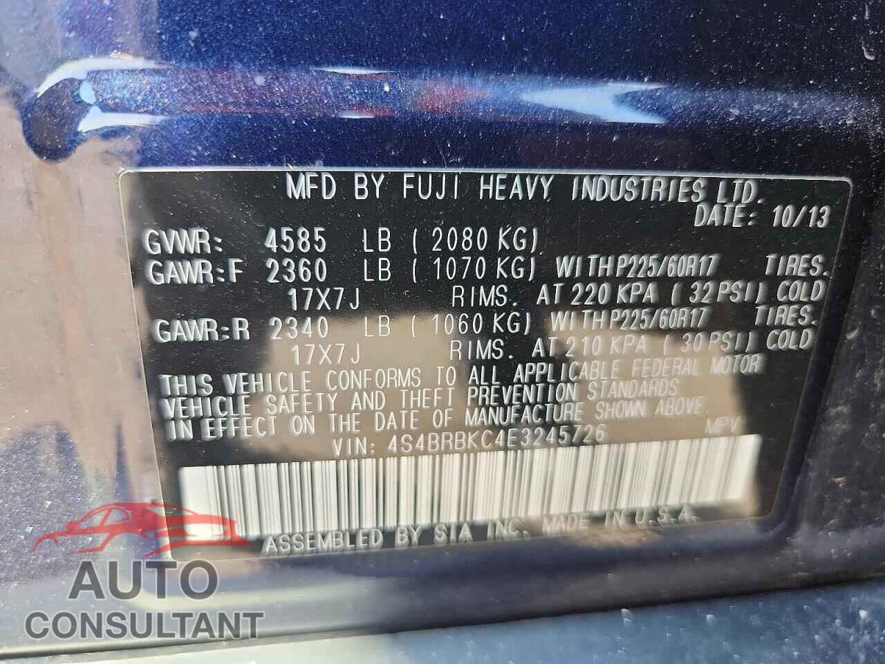 SUBARU OUTBACK 2014 - 4S4BRBKC4E3245726