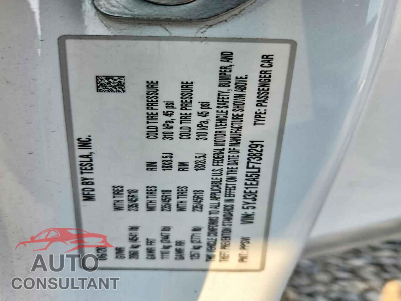 TESLA MODEL 3 2020 - 5YJ3E1EA5LF738291