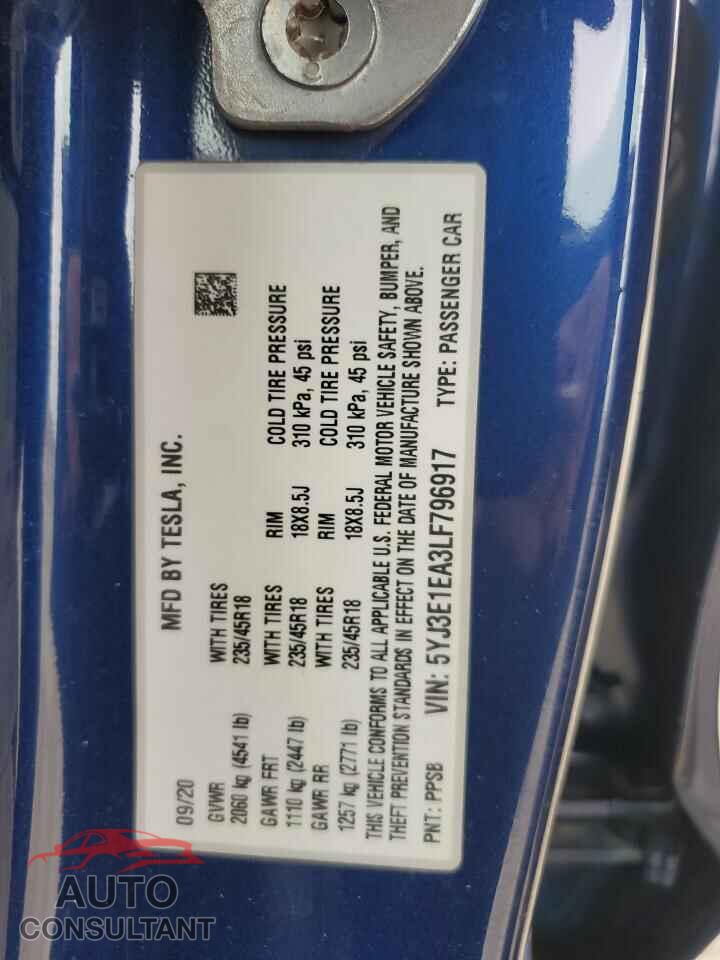 TESLA MODEL 3 2020 - 5YJ3E1EA3LF796917