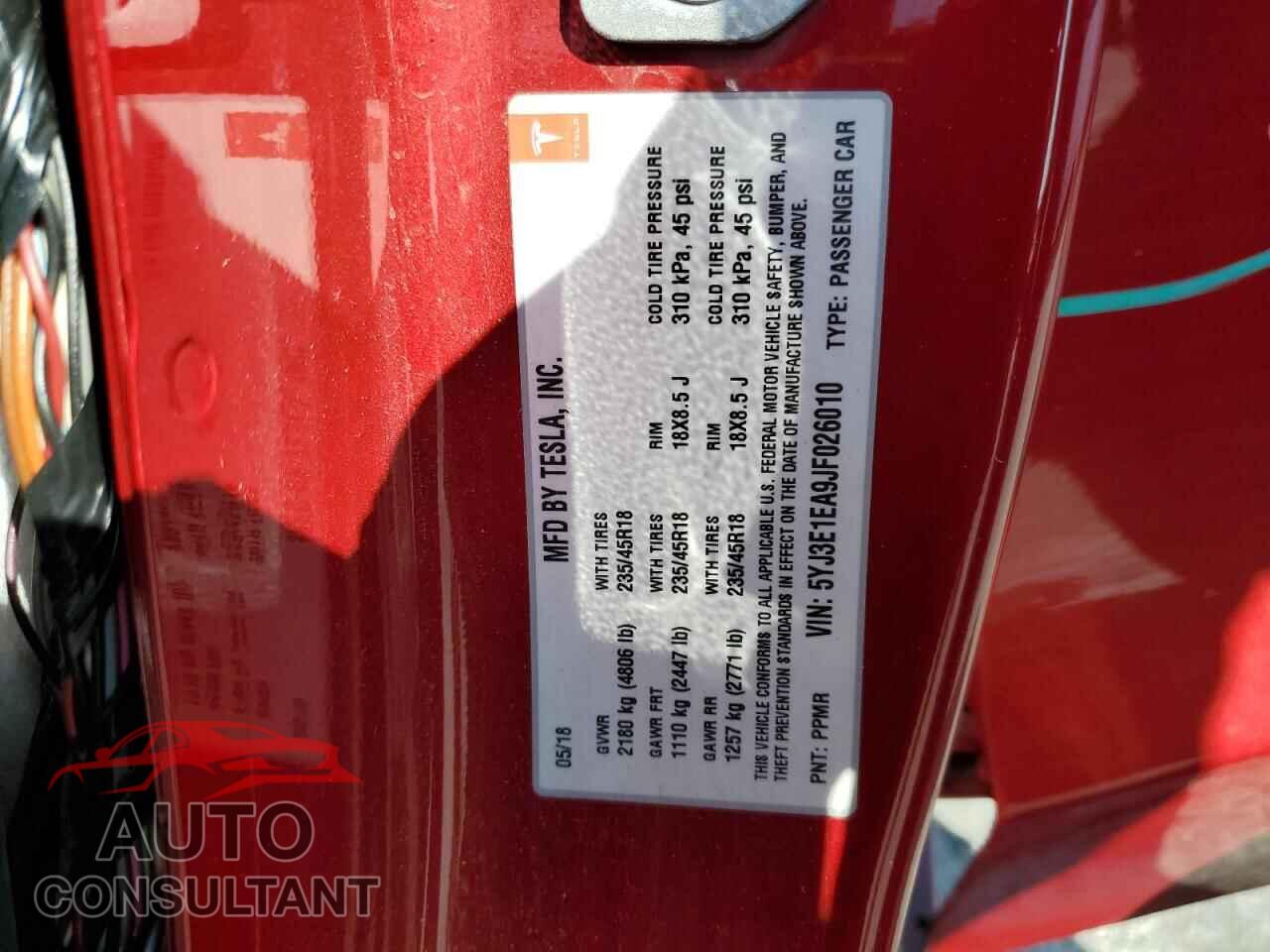 TESLA MODEL 3 2018 - 5YJ3E1EA9JF026010