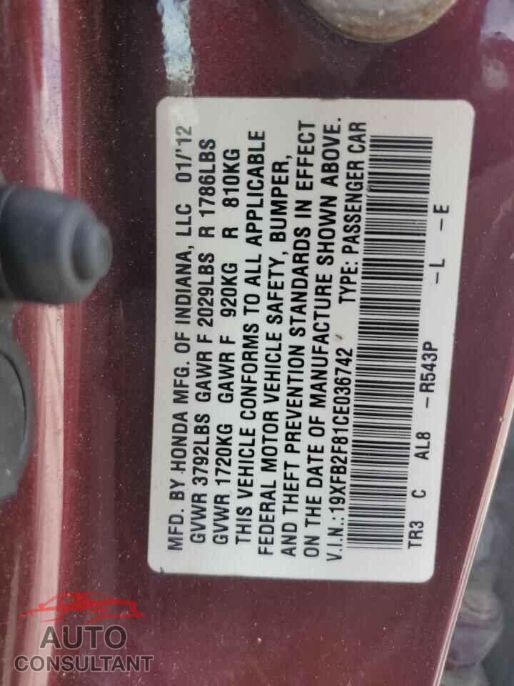 HONDA CIVIC 2012 - 19XFB2F81CE036742