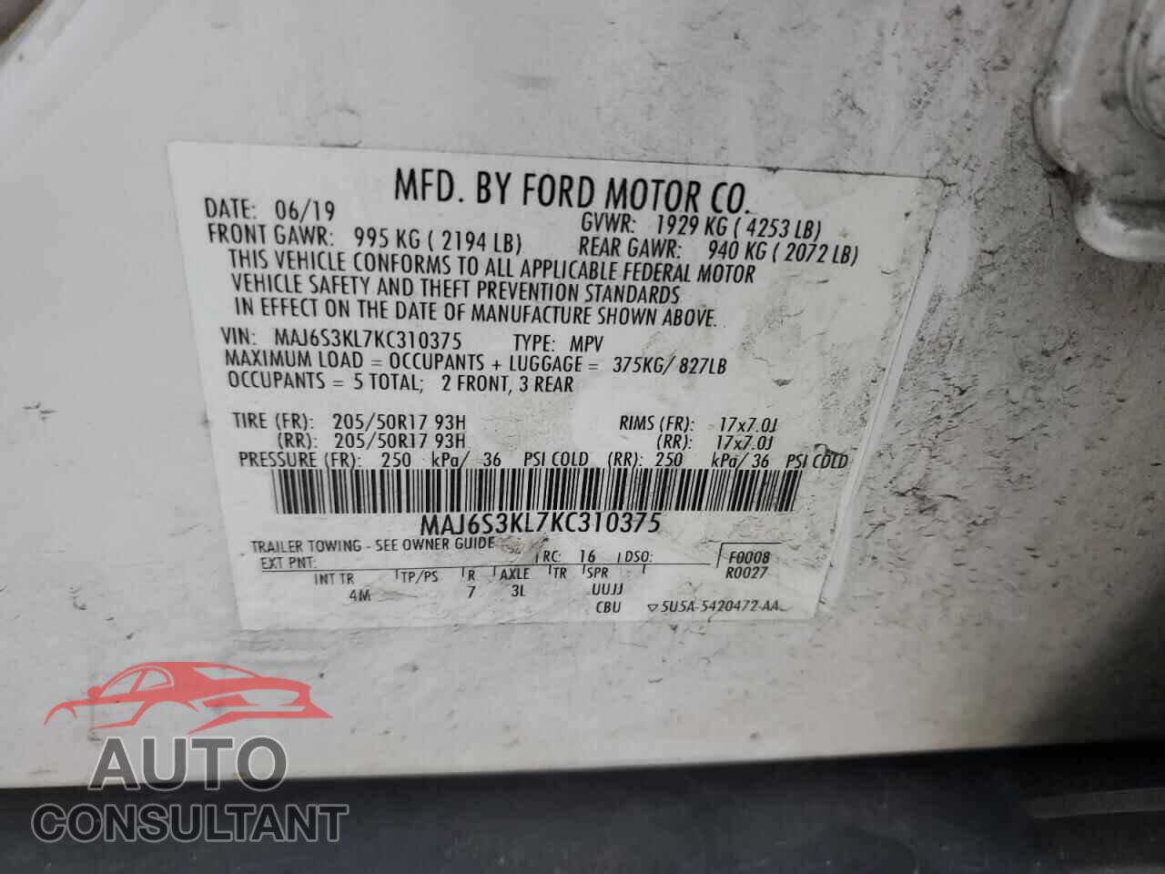 FORD ECOSPORT 2019 - MAJ6S3KL7KC310375