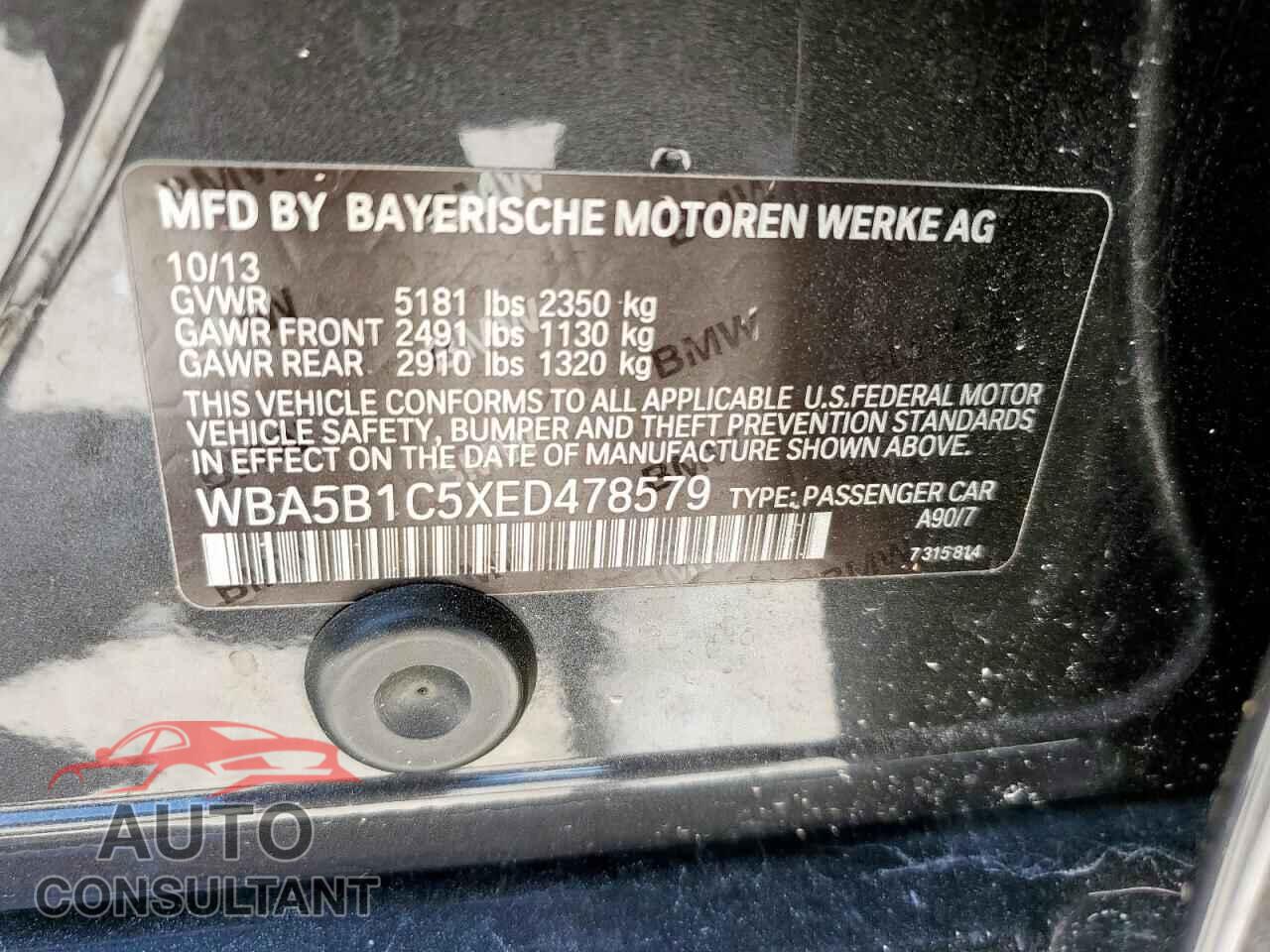 BMW 5 SERIES 2014 - WBA5B1C5XED478579