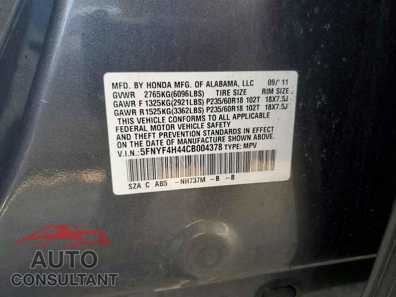 HONDA PILOT 2012 - 5FNYF4H44CB004378