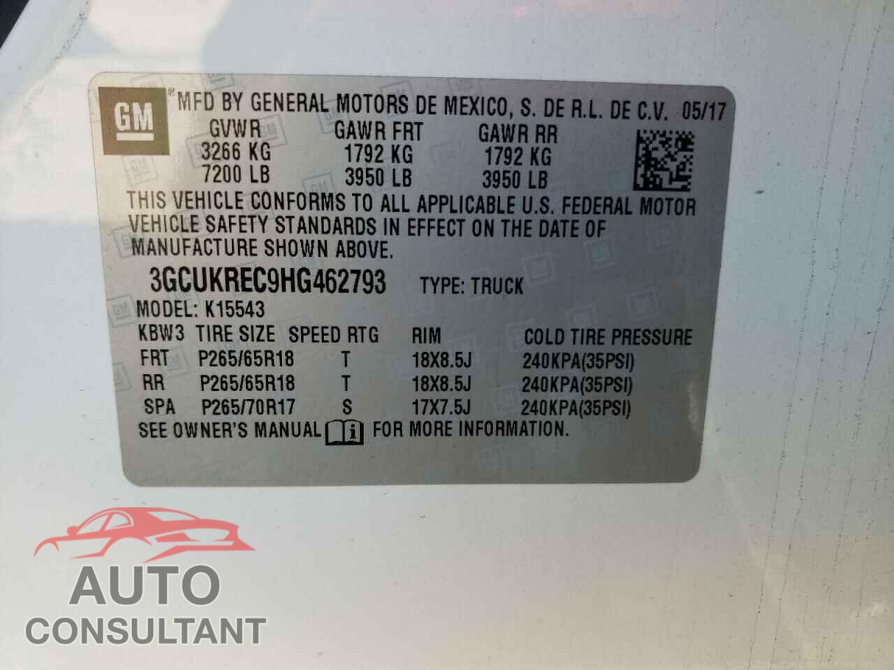 CHEVROLET SILVERADO 2017 - 3GCUKREC9HG462793