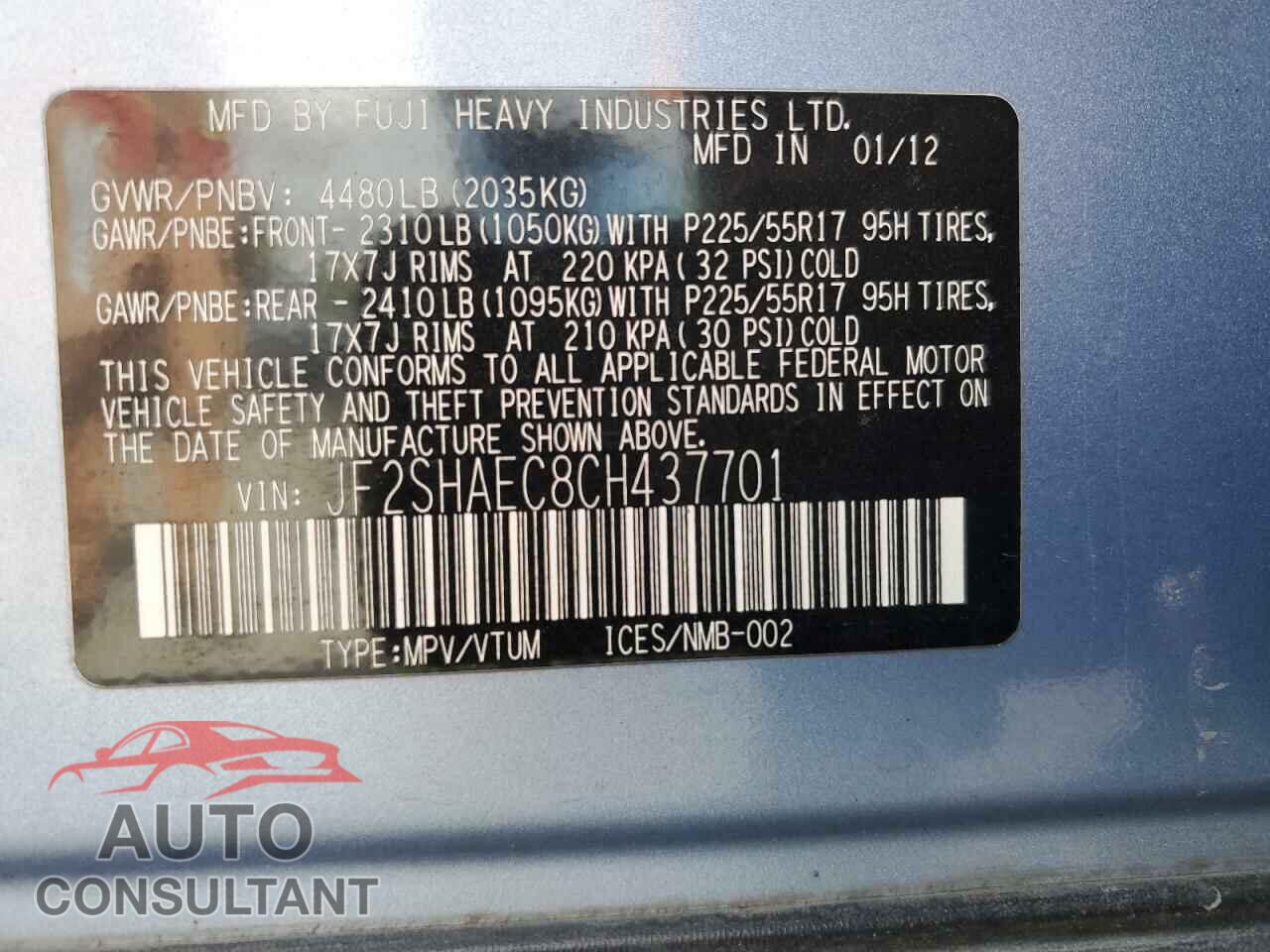 SUBARU FORESTER 2012 - JF2SHAEC8CH437701