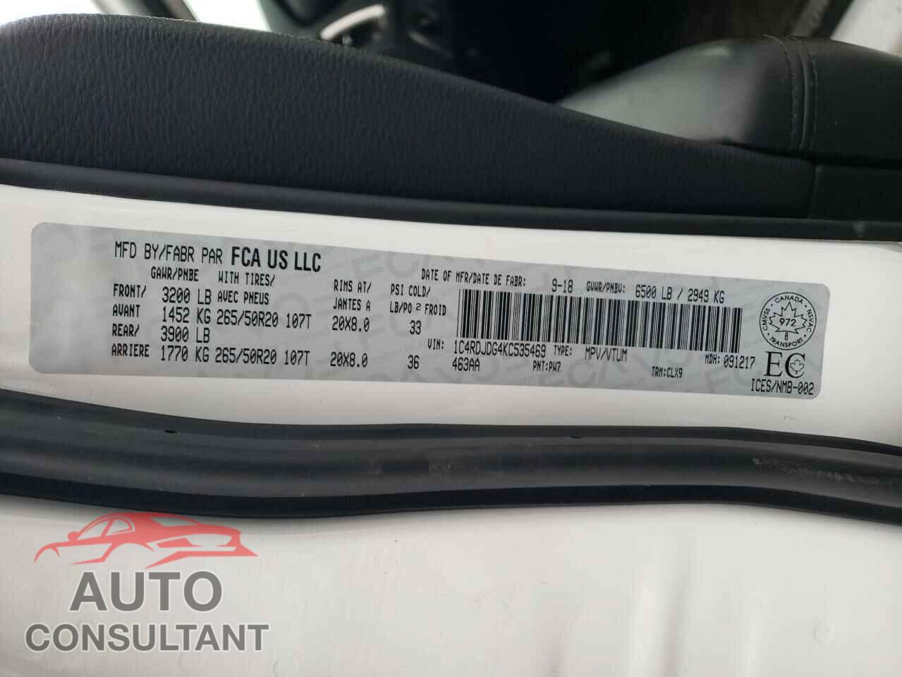 DODGE DURANGO 2019 - 1C4RDJDG4KC535469
