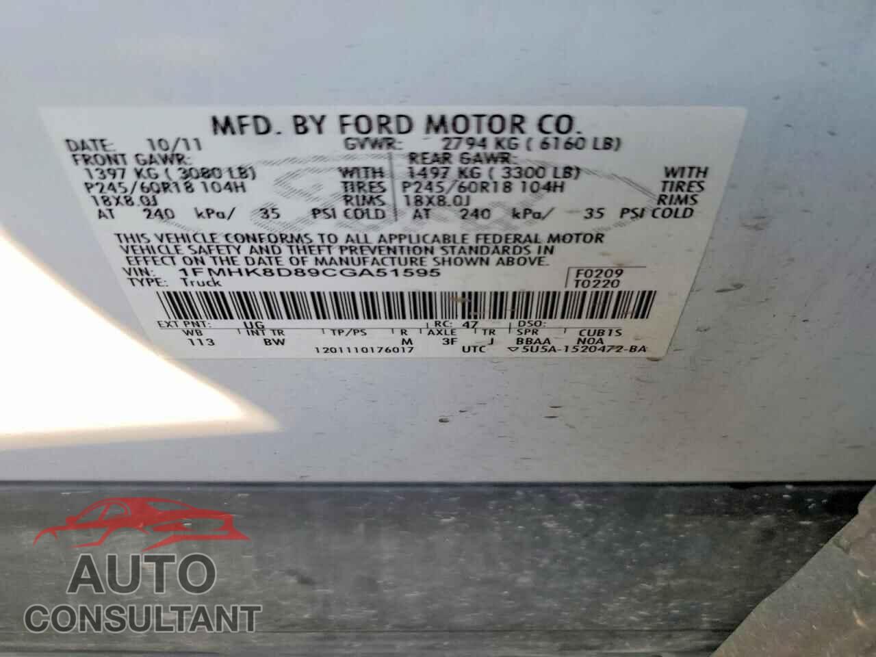 FORD EXPLORER 2012 - 1FMHK8D89CGA51595
