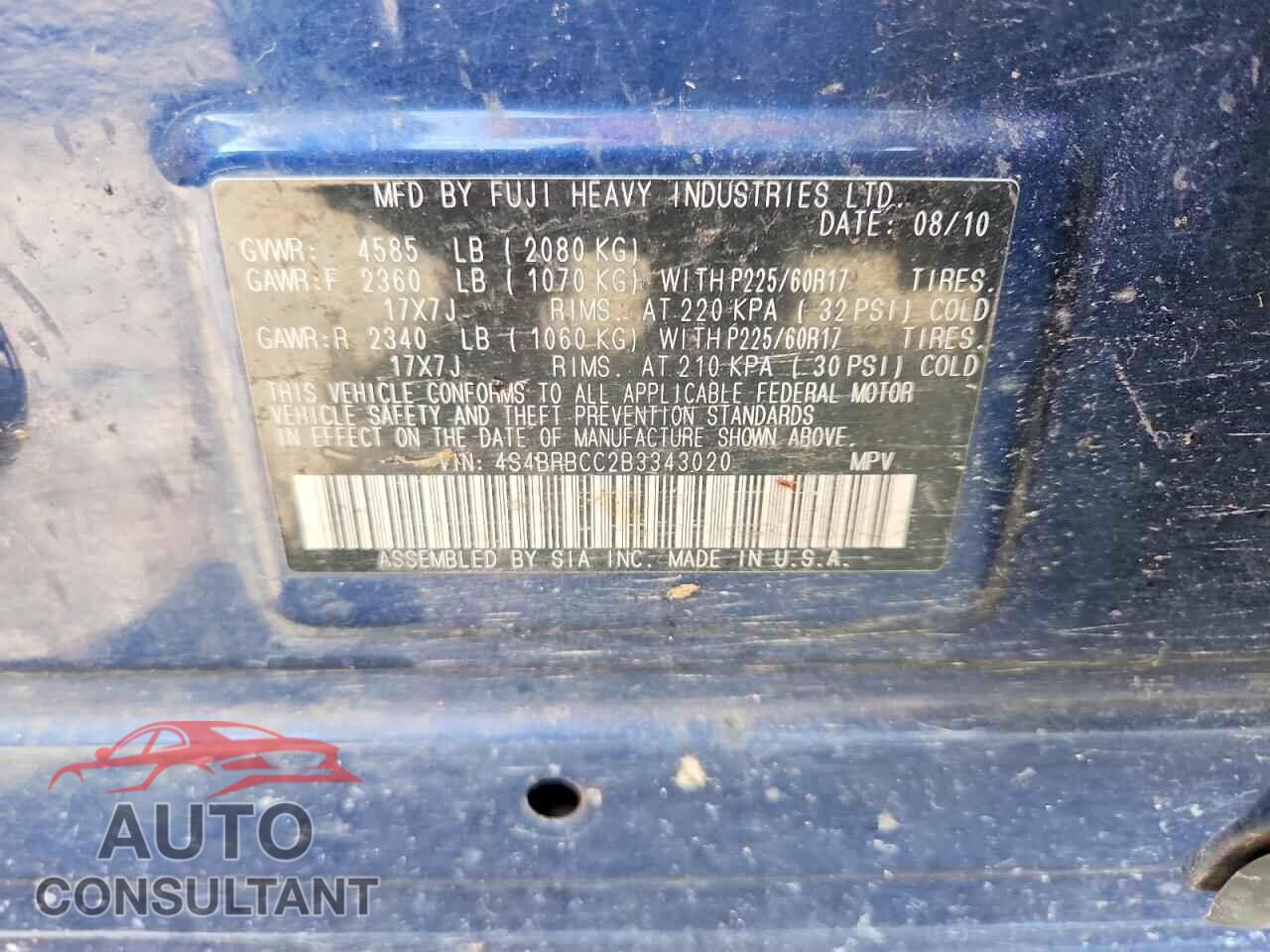 SUBARU OUTBACK 2011 - 4S4BRBCC2B3343020