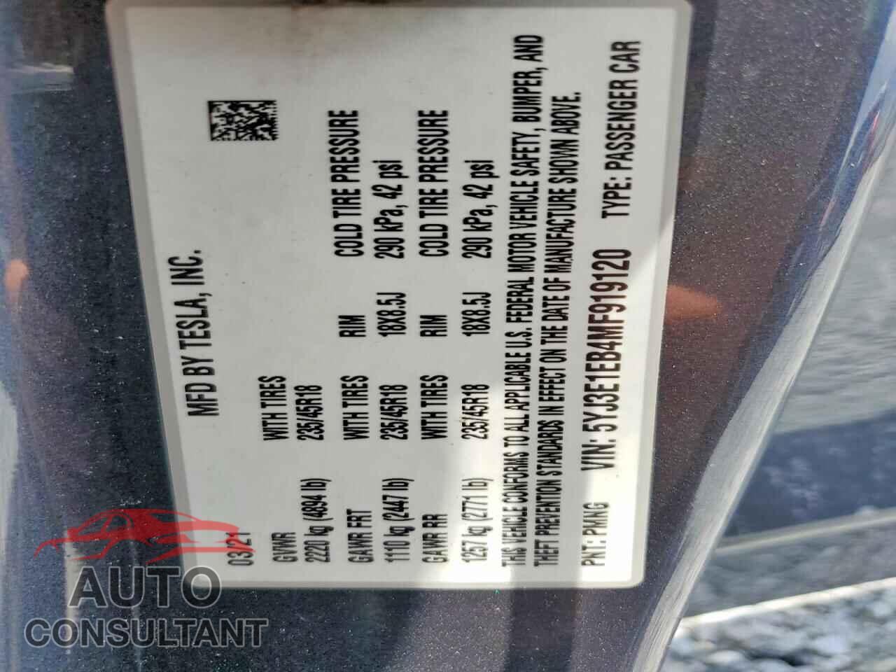 TESLA MODEL 3 2021 - 5YJ3E1EB4MF919120
