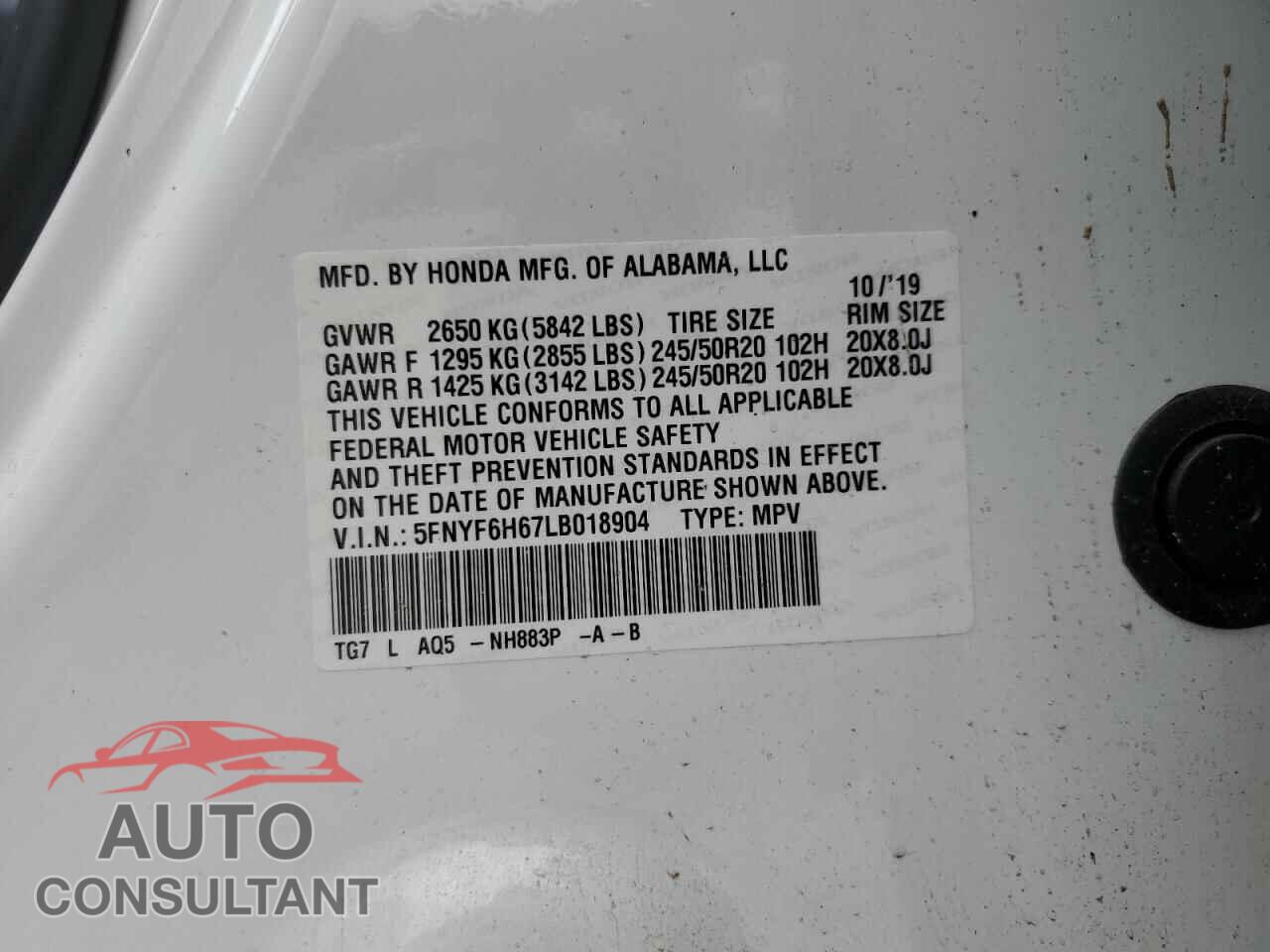 HONDA PILOT 2020 - 5FNYF6H67LB018904