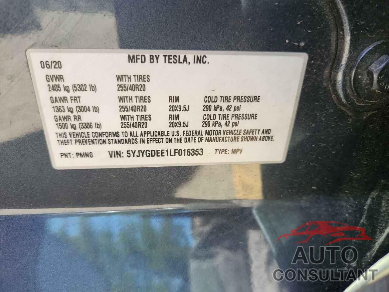 TESLA MODEL Y 2020 - 5YJYGDEE1LF016353