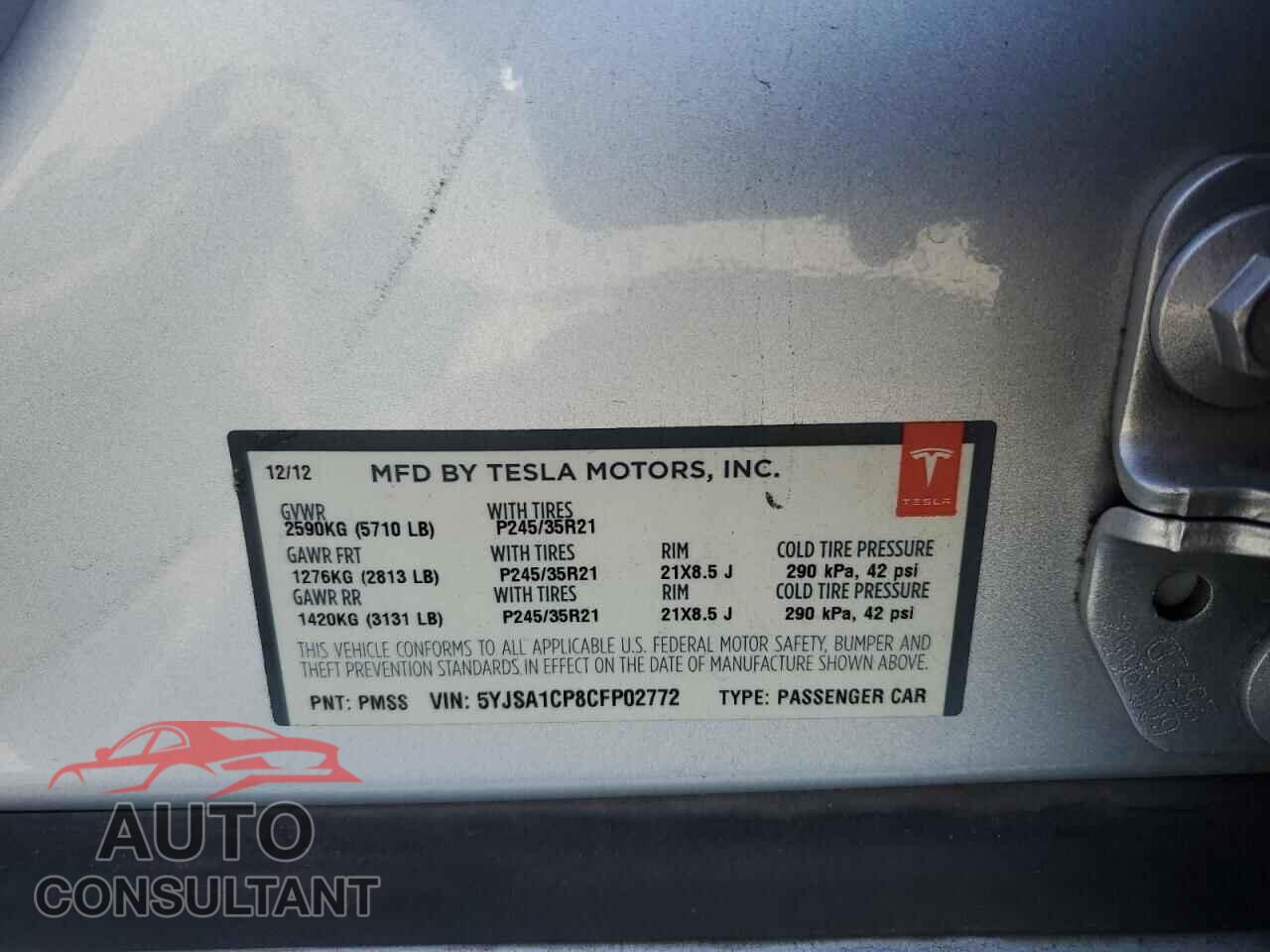 TESLA MODEL S 2012 - 5YJSA1CP8CFP02772