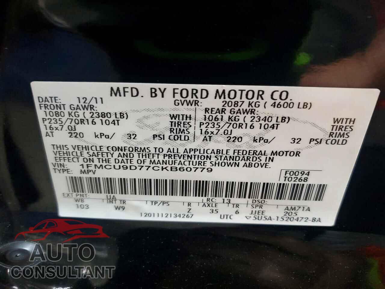FORD ESCAPE 2012 - 1FMCU9D77CKB60779