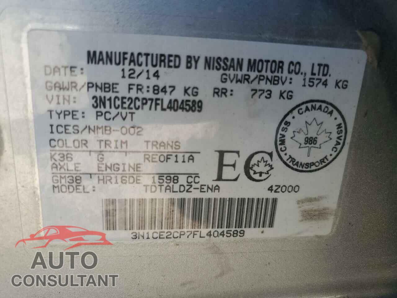 NISSAN VERSA 2015 - 3N1CE2CP7FL404589