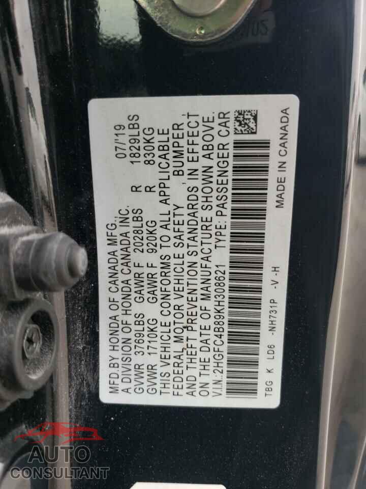 HONDA CIVIC 2019 - 2HGFC4B89KH308621