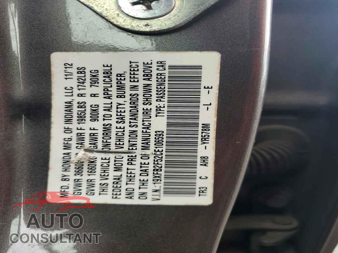 HONDA CIVIC 2012 - 19XFB2F52CE106593