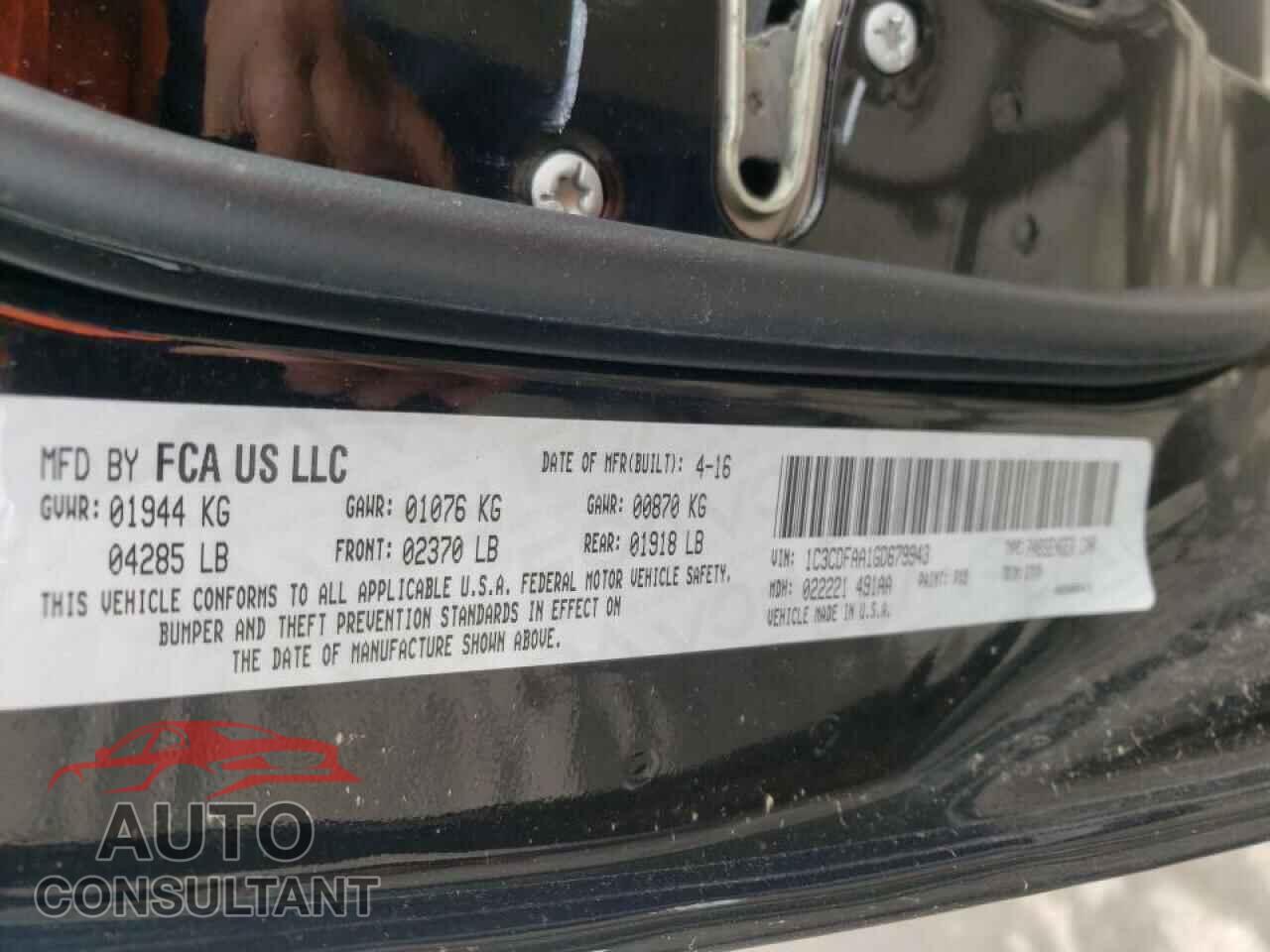 DODGE DART 2016 - 1C3CDFAA1GD679943