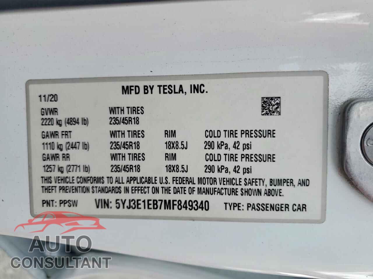 TESLA MODEL 3 2021 - 5YJ3E1EB7MF849340