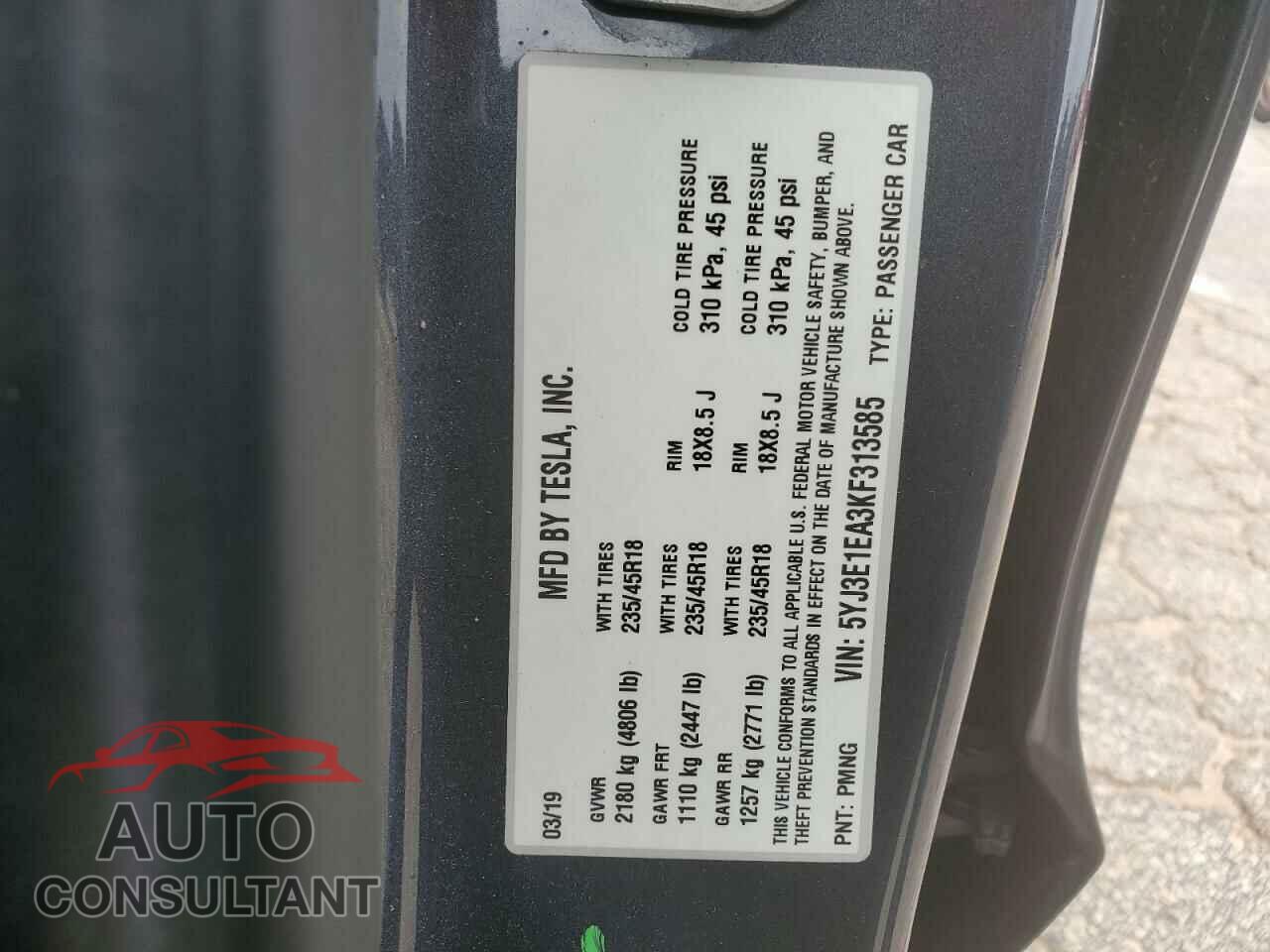 TESLA MODEL 3 2019 - 5YJ3E1EA3KF313585