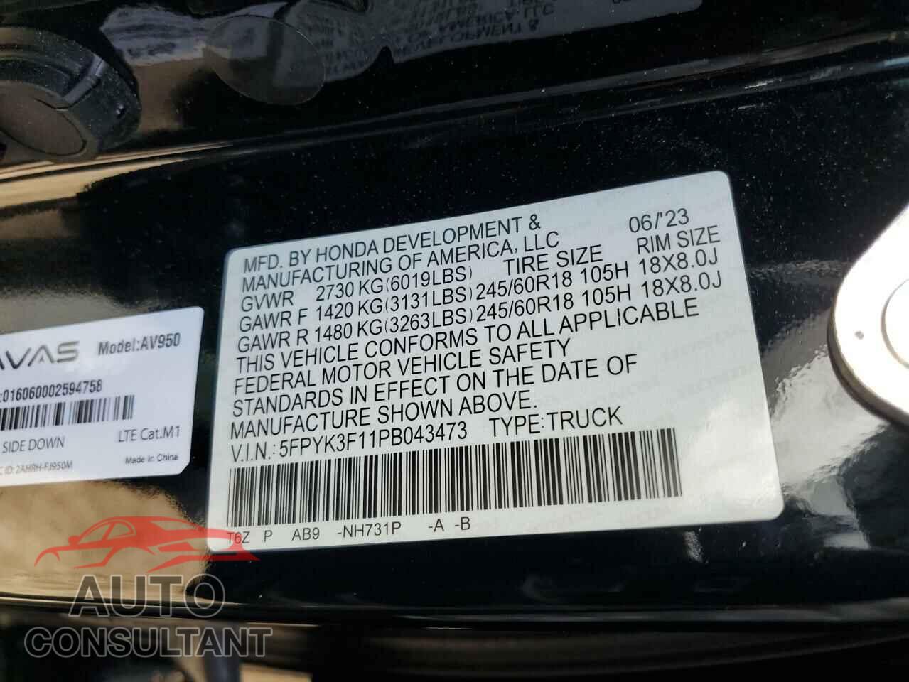 HONDA RIDGELINE 2023 - 5FPYK3F11PB043473