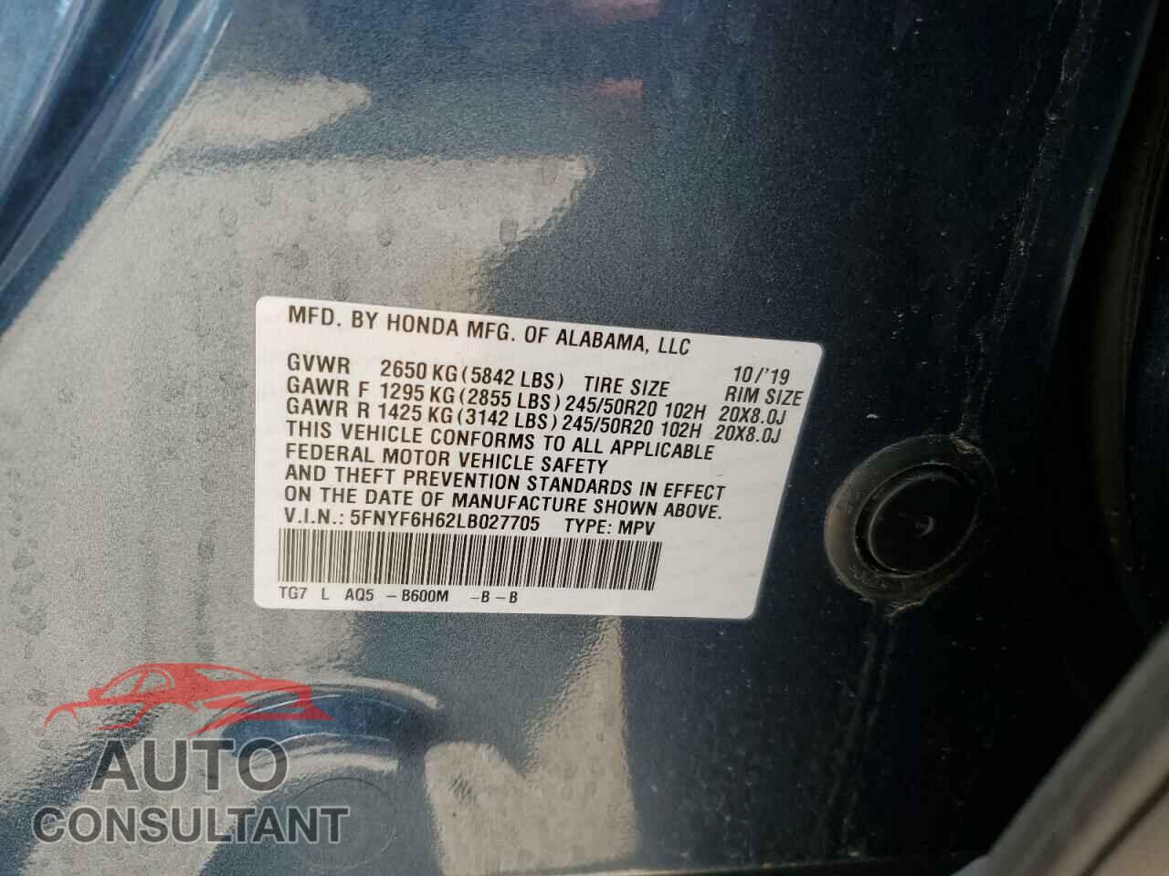 HONDA PILOT 2020 - 5FNYF6H62LB027705