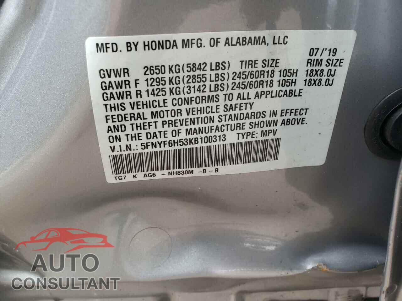 HONDA PILOT 2019 - 5FNYF6H53KB100313