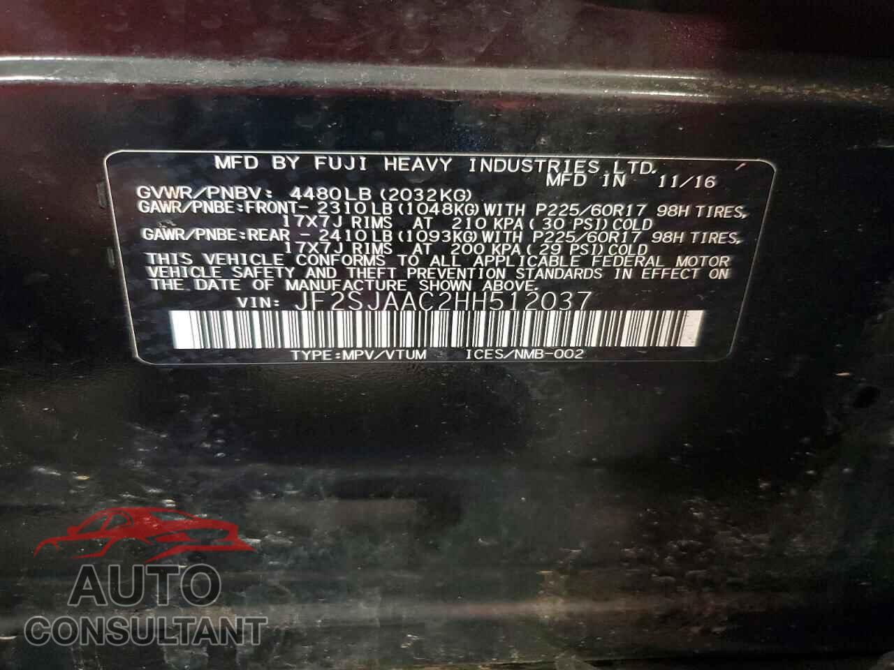 SUBARU FORESTER 2017 - JF2SJAAC2HH512037