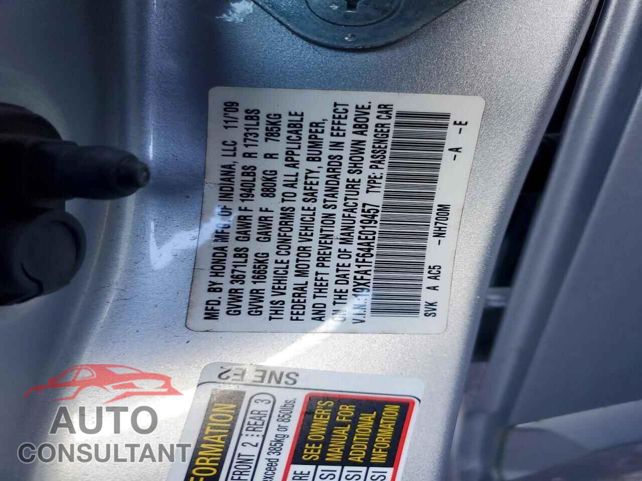 HONDA CIVIC 2010 - 19XFA1F64AE019457