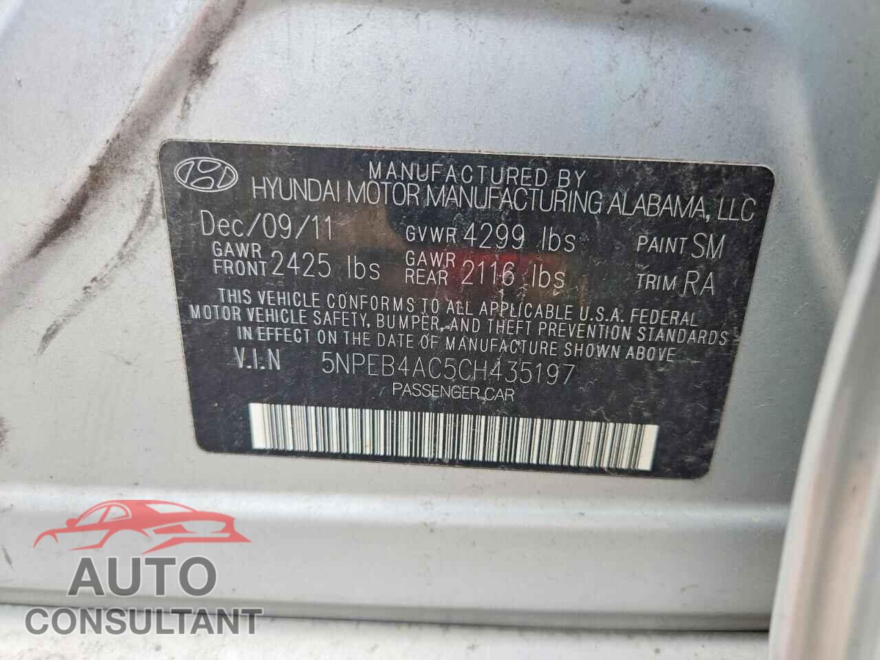HYUNDAI SONATA 2012 - 5NPEB4AC5CH435197
